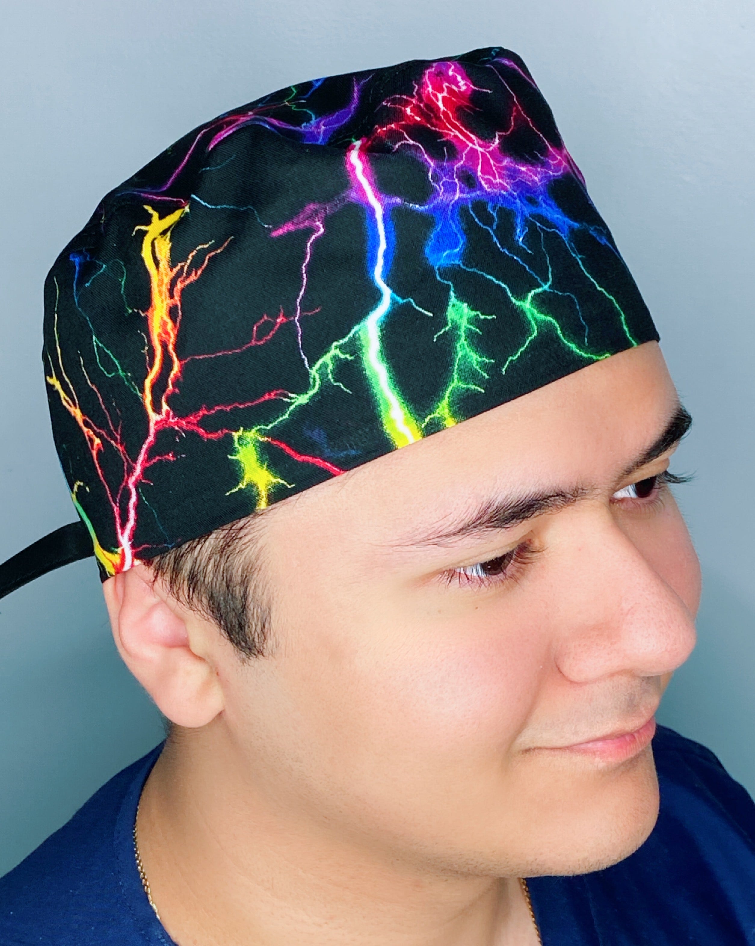 Rainbow Colorful Lightning on Black Design Unisex Cute Scrub Cap