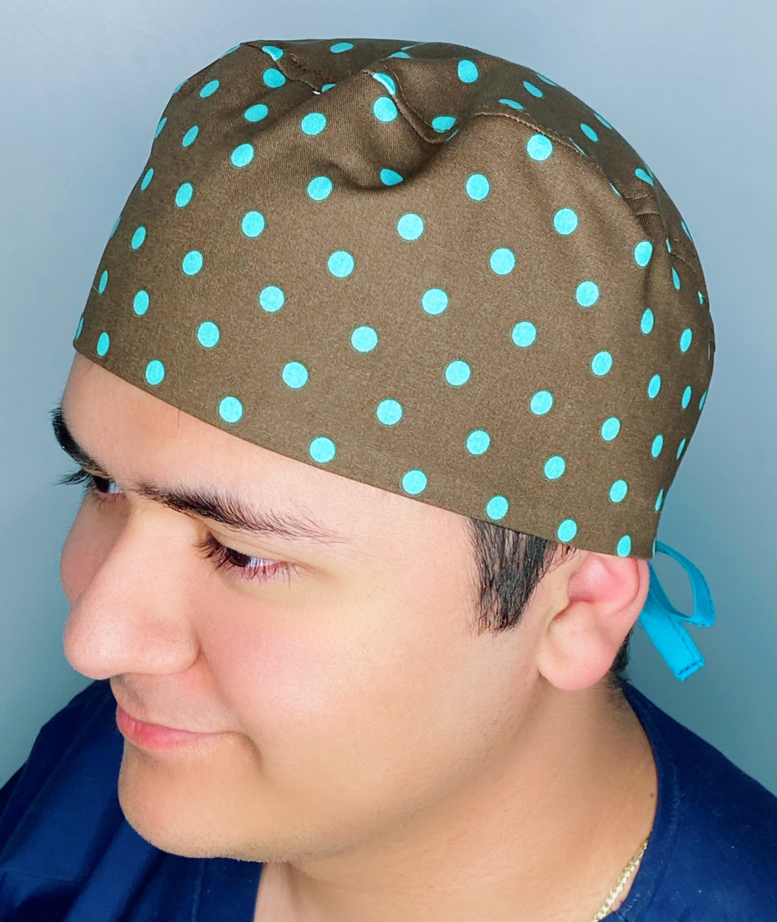 Blue Polka Dots on Brown Unisex Fancy Scrub Cap