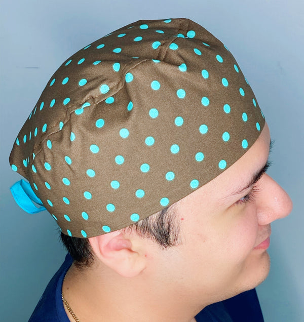 Blue Polka Dots on Brown Unisex Fancy Scrub Cap