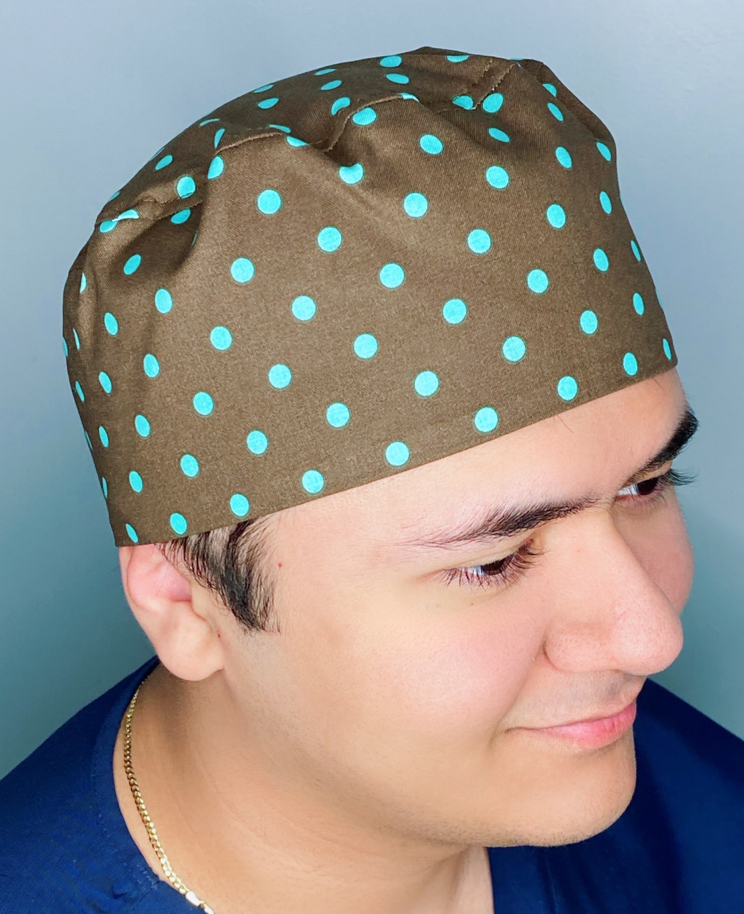 Blue Polka Dots on Brown Unisex Fancy Scrub Cap