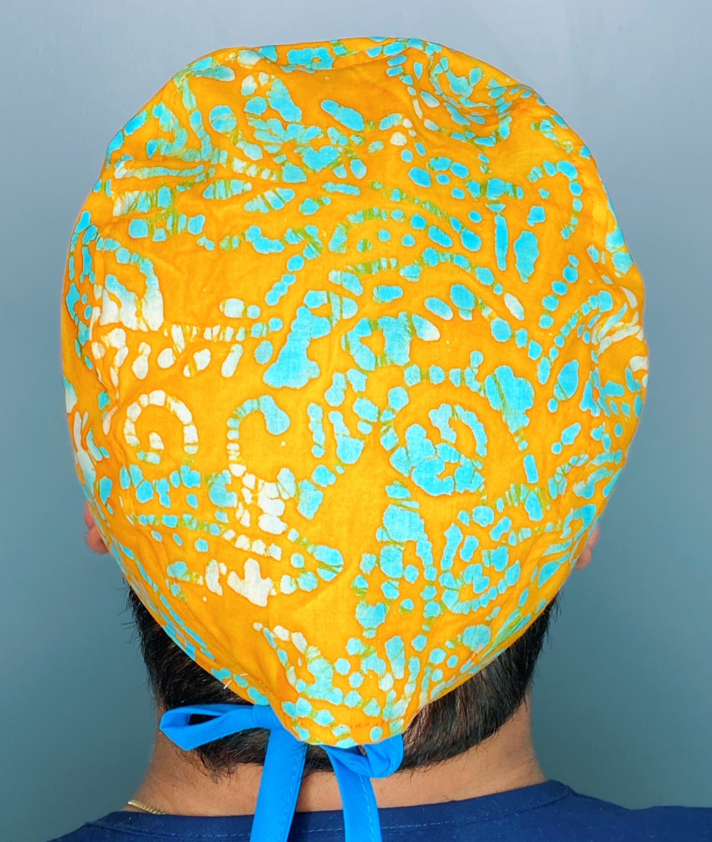 Aqua Polka Dots on Mustard Tie Dye Design Unisex Cute Scrub Cap