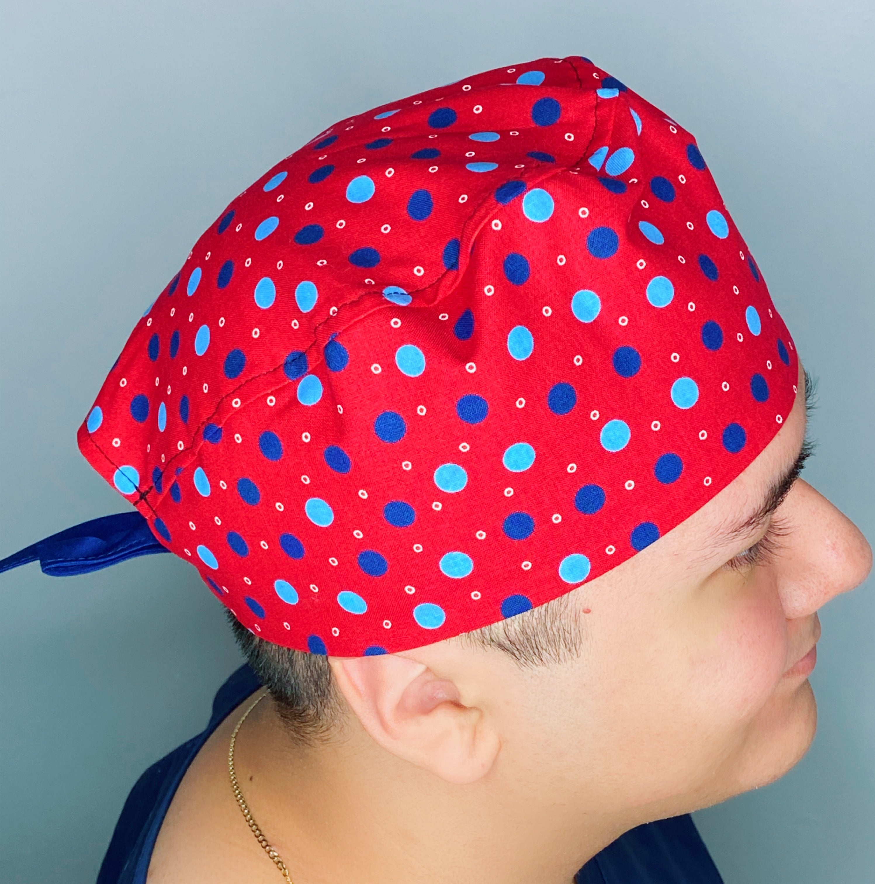 Blue Polka Dots on Red Unisex Cute Scrub Cap