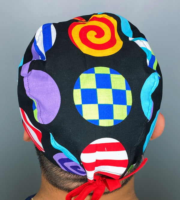 Big Colorful Funky Polka Dots on Black Unisex Cute Scrub Cap
