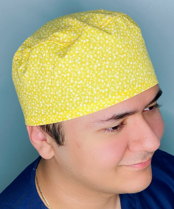 Small White Flowers on Yellow Floral Design Unisex Cute Scrub Cap