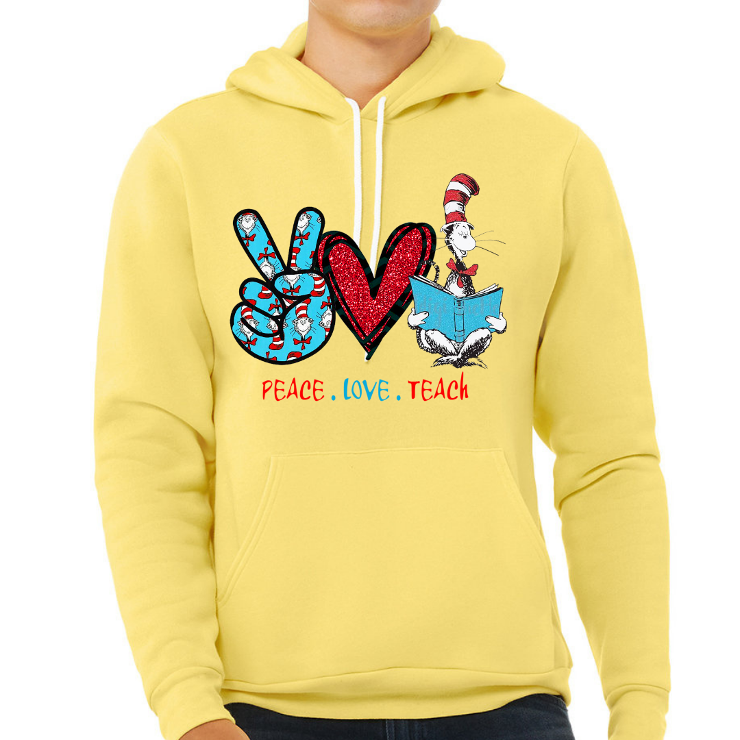 Peace, Love & Teach Famous Children's Book Character Inspired Unisex Fleece Pullover Hoodie