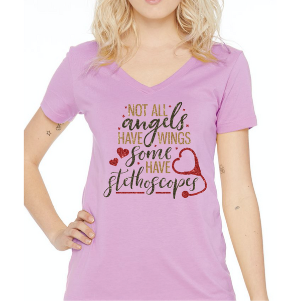 Not All Angels Have Wings Some Have Stethoscopes Women's Ideal V-Neck Tee