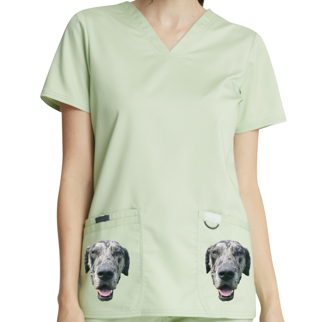 YOUR Picture Printed on pockets Cherokee Women's Workwear Revolution V-Neck Top with Badge Loop Scrub Top Customized