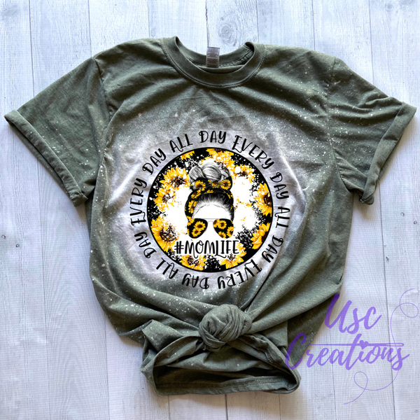 Messy Bun Sunflowers #MomLife Bleached Unisex Soft Style T-Shirt
