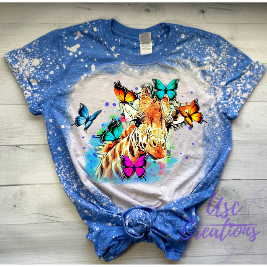 Giraffe & Butterflies Colorful Watercolor Design Bleached Unisex Soft Style T-Shirt