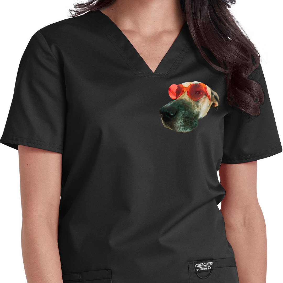 YOUR Picture Printed ONCE on left side Cherokee Women's Workwear Revolution V-Neck Top with Badge Loop Scrub Top Customized