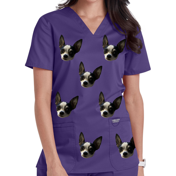 YOUR Picture Printed on ALL OVER Cherokee Women's Workwear Revolution V-Neck Top with Badge Loop Scrub Top Customized