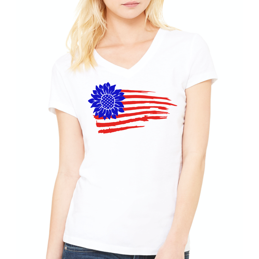 4th of July Sunflower Flag Independence Day themed Women's Ideal V-Neck Tee