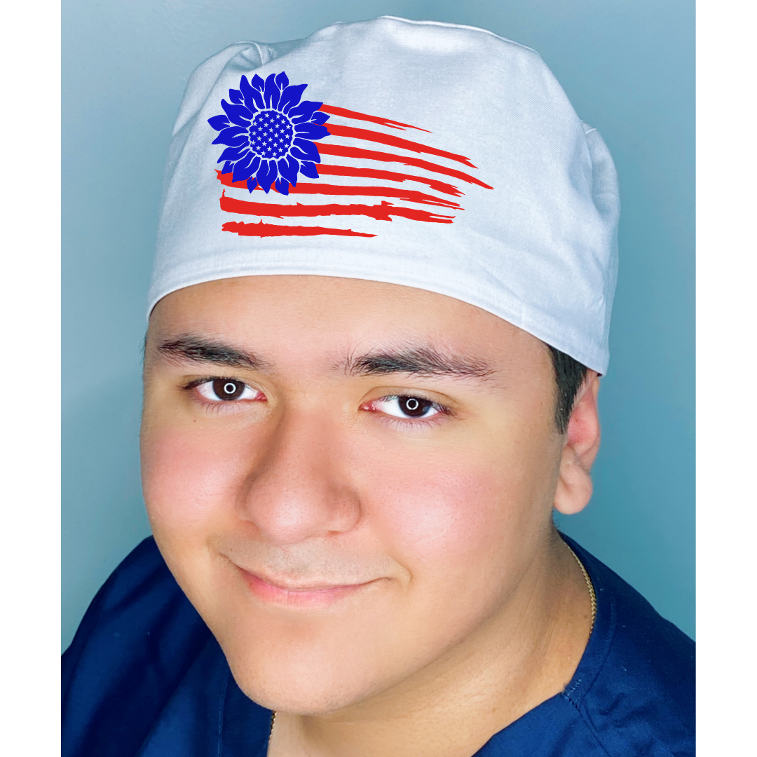 4th of July Sunflower Flag Themed Custom Solid Color Unisex Scrub Cap