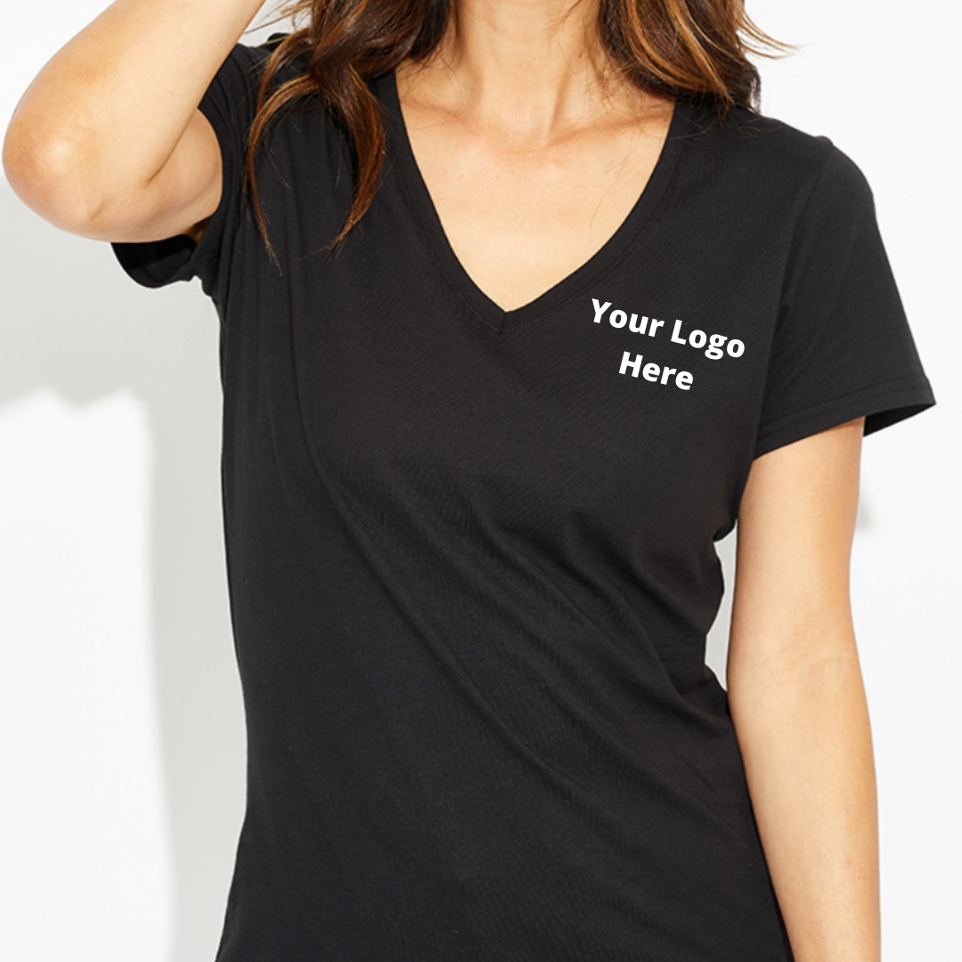 YOUR Logo Printed or Embroidered Left or Right Chest Small Front On A Women's Ideal V-Neck T-Shirt